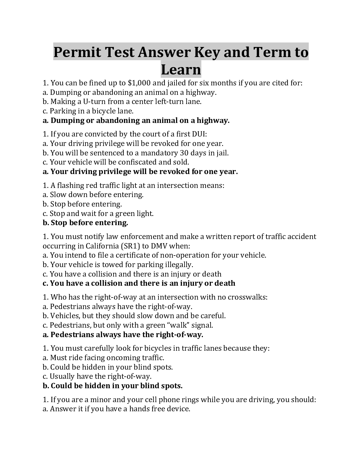 Preview image for Permit Test Answer Key and Term to Learn